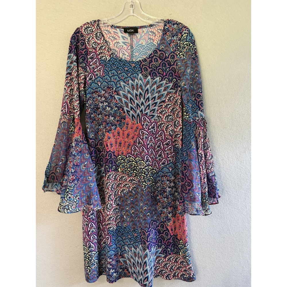 MSK Dress Womens S Multicolor Paisley Bell Sleeve Knee Length Shift Boho